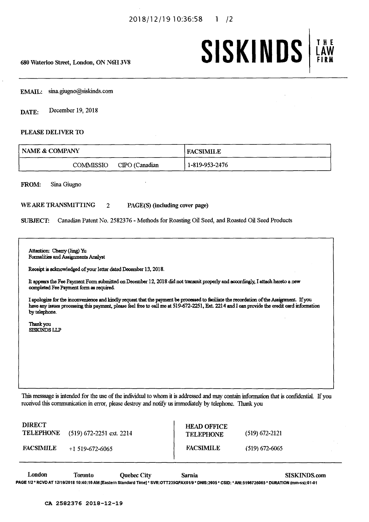 Document de brevet canadien 2582376. Cession 20171219. Image 2 de 2