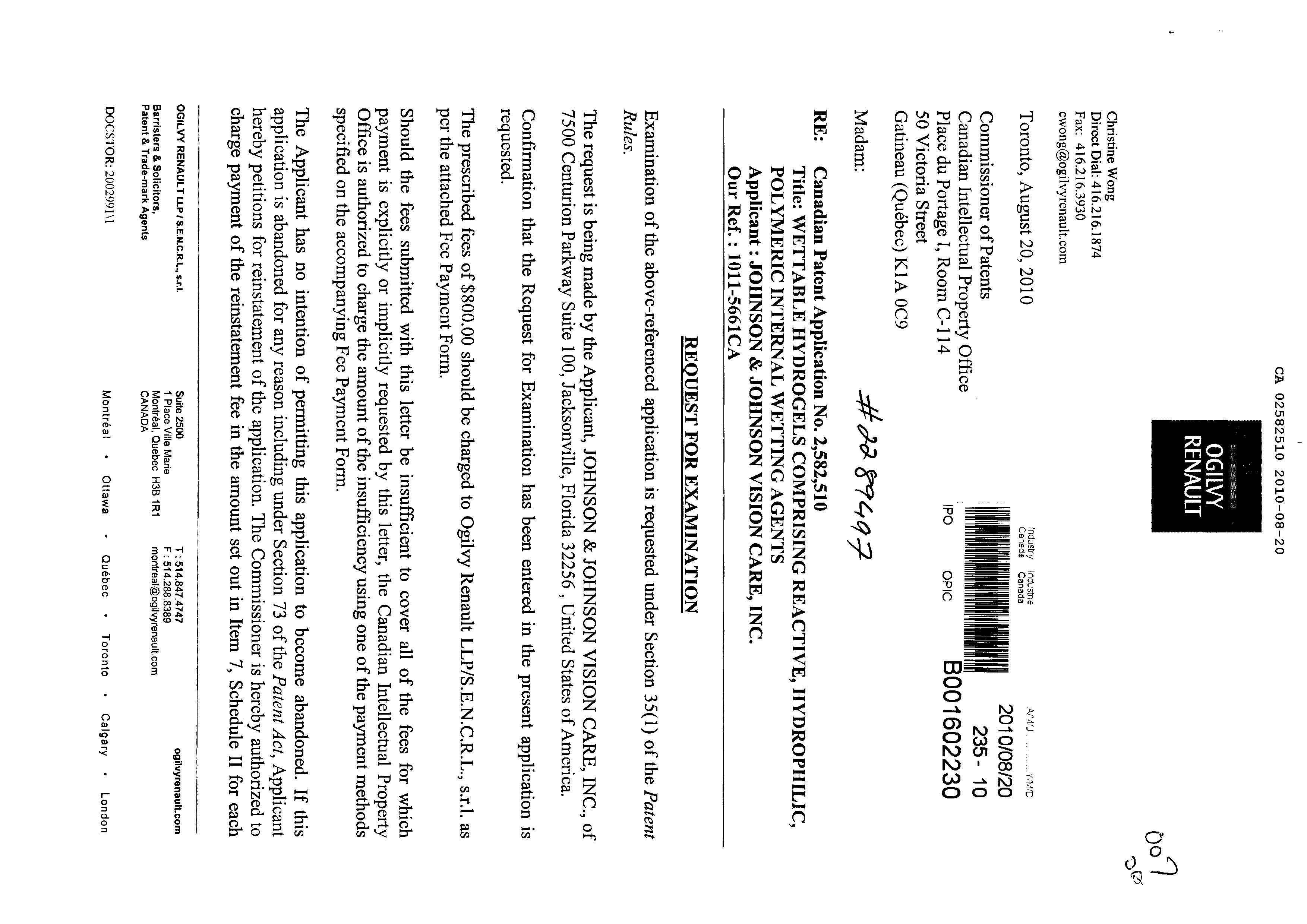 Canadian Patent Document 2582510. Prosecution-Amendment 20091220. Image 1 of 2