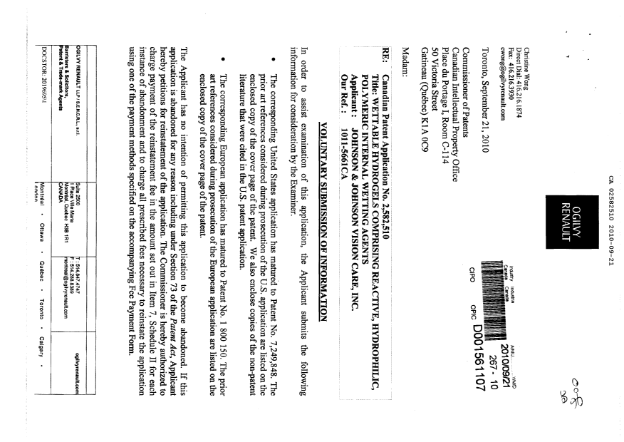 Document de brevet canadien 2582510. Poursuite-Amendment 20091221. Image 1 de 2