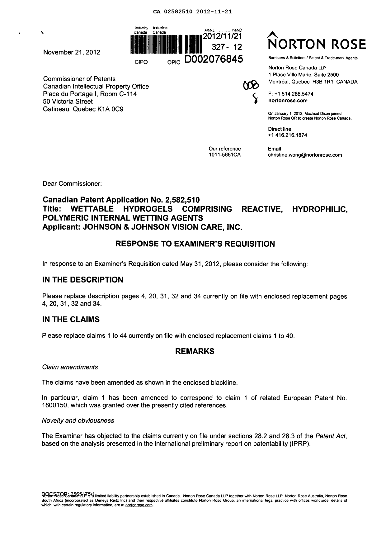 Document de brevet canadien 2582510. Poursuite-Amendment 20121121. Image 1 de 27