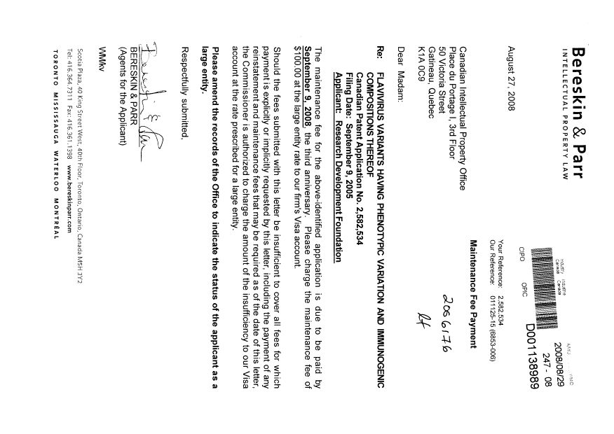Document de brevet canadien 2582534. Taxes 20080829. Image 1 de 1