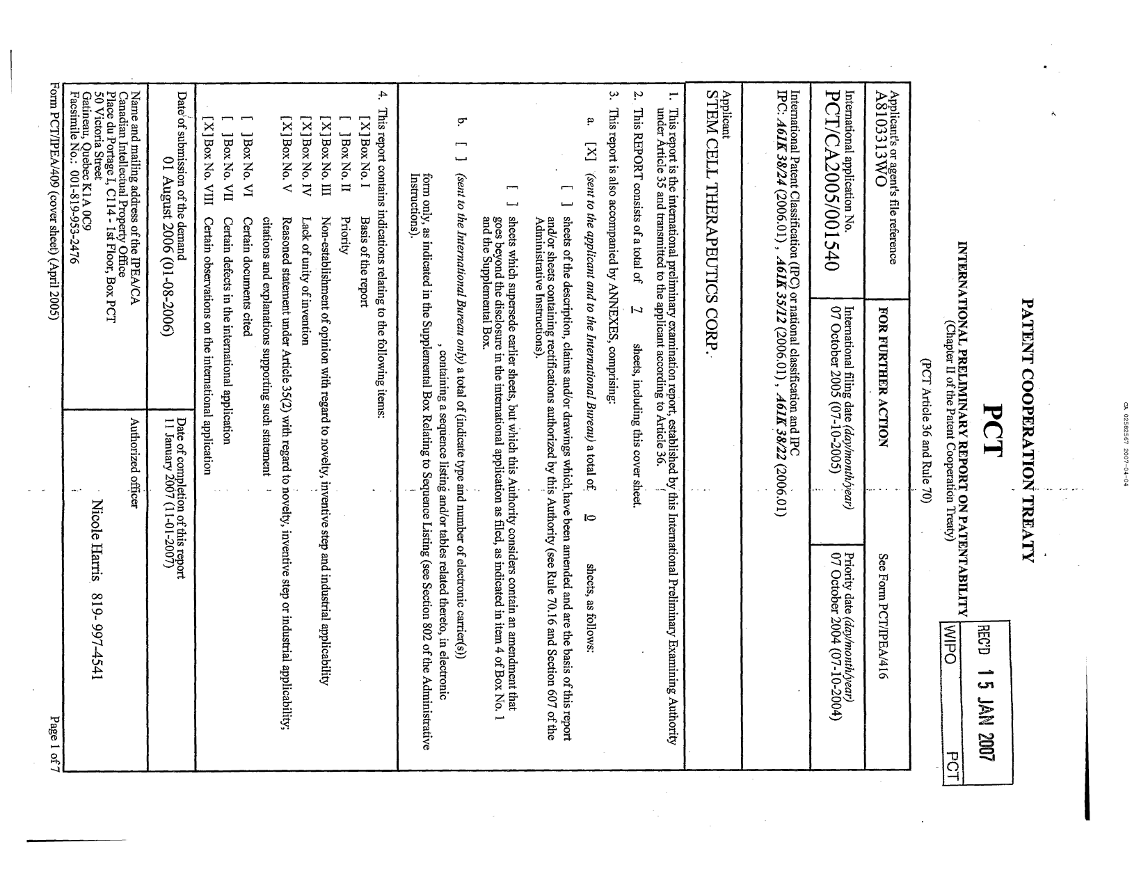 Document de brevet canadien 2582567. PCT 20061204. Image 1 de 7