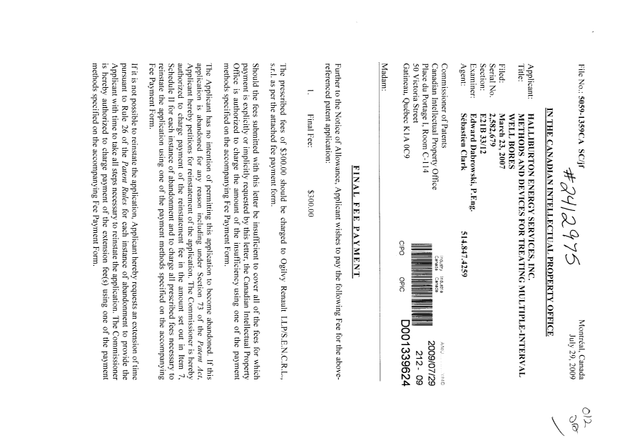 Canadian Patent Document 2582679. Correspondence 20090729. Image 1 of 2