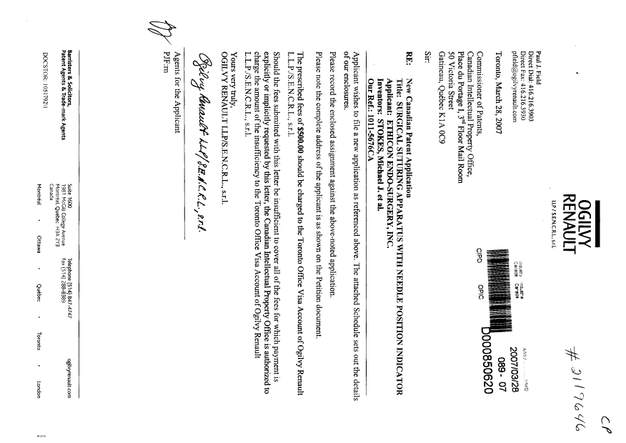 Document de brevet canadien 2582964. Cession 20070328. Image 1 de 8