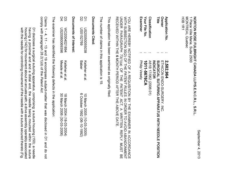 Document de brevet canadien 2582964. Poursuite-Amendment 20130904. Image 1 de 2