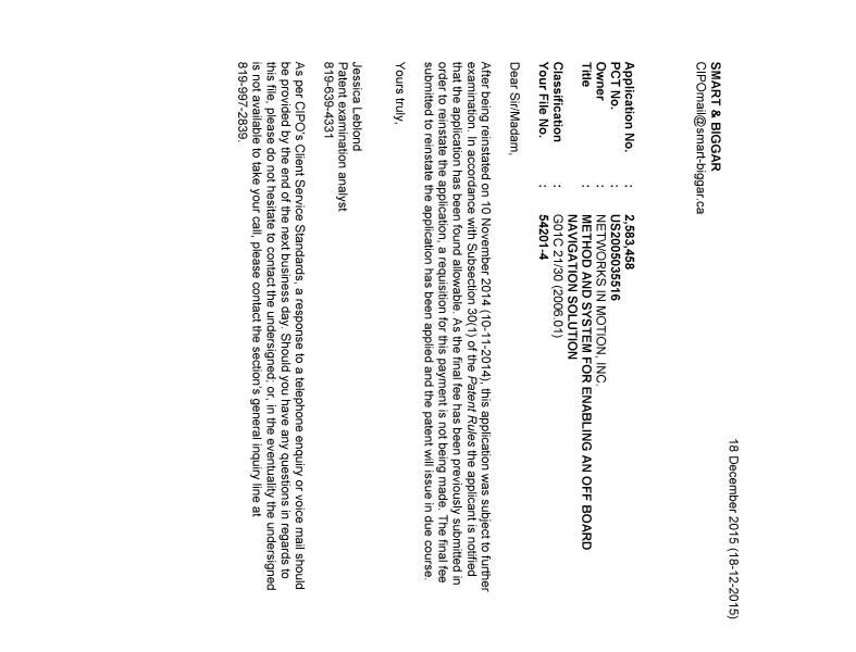 Document de brevet canadien 2583458. Correspondance 20151218. Image 1 de 1