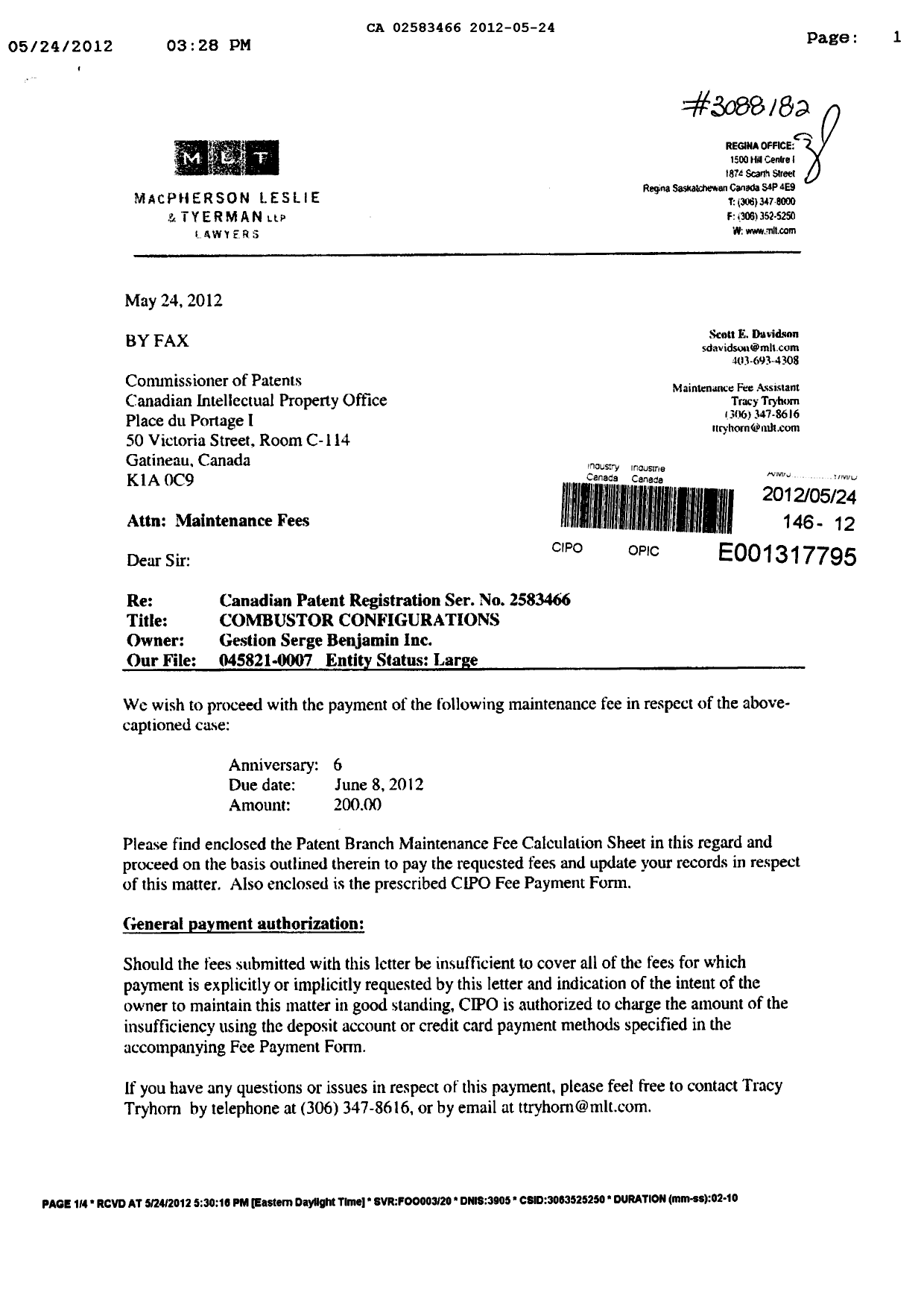 Document de brevet canadien 2583466. Taxes 20120524. Image 1 de 3