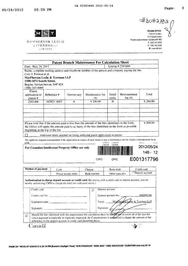Document de brevet canadien 2583466. Taxes 20120524. Image 3 de 3