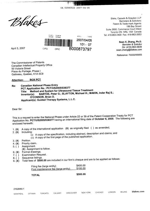 Document de brevet canadien 2583522. Cession 20070405. Image 1 de 3