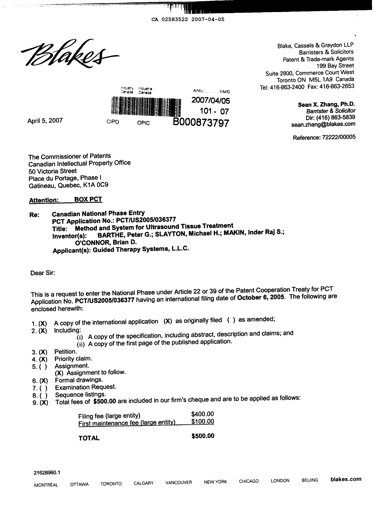 Document de brevet canadien 2583522. Cession 20070405. Image 1 de 3