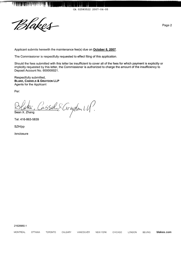 Document de brevet canadien 2583522. Cession 20070405. Image 2 de 3