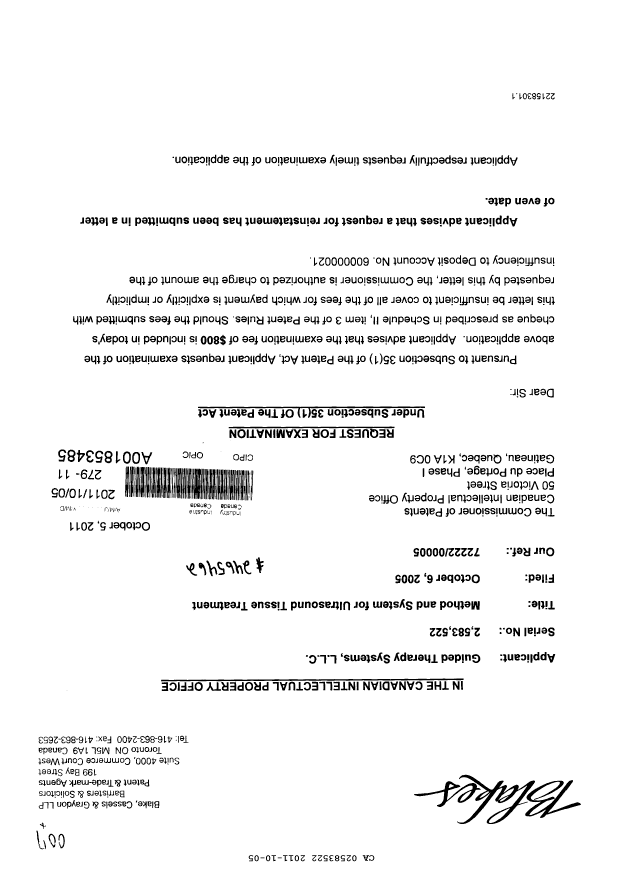 Canadian Patent Document 2583522. Prosecution-Amendment 20111005. Image 1 of 2
