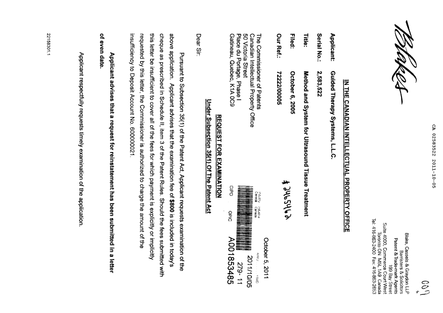 Document de brevet canadien 2583522. Poursuite-Amendment 20111005. Image 1 de 2