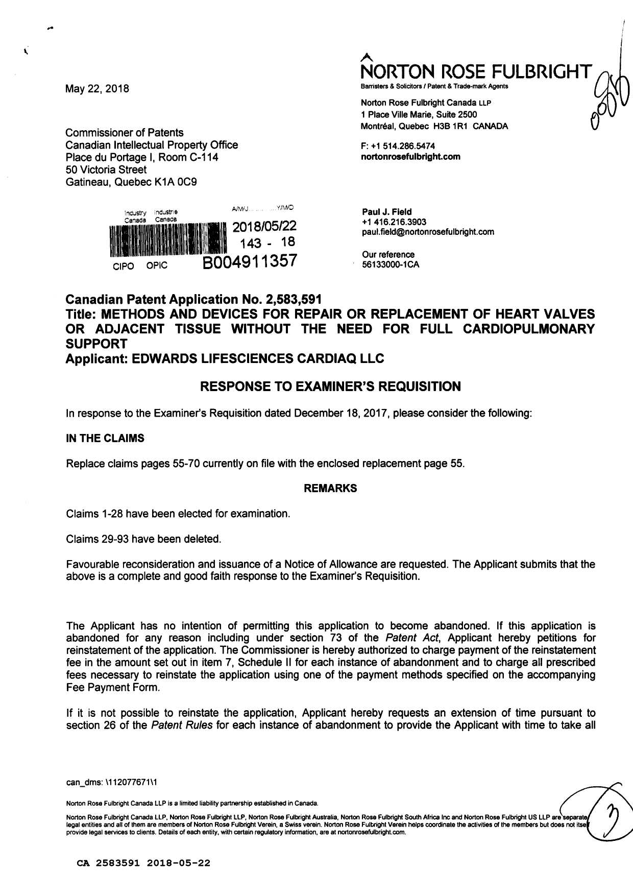 Document de brevet canadien 2583591. Modification 20180522. Image 1 de 3