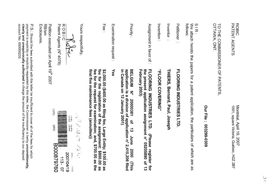 Document de brevet canadien 2583648. Cession 20070419. Image 1 de 3