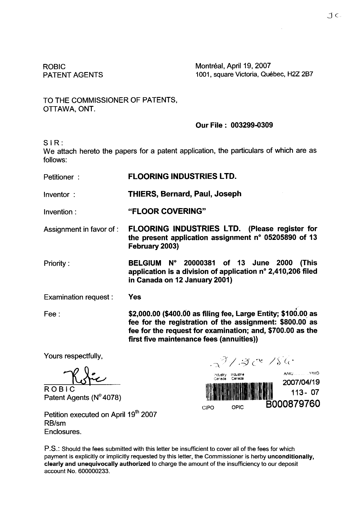 Document de brevet canadien 2583648. Cession 20070419. Image 1 de 3