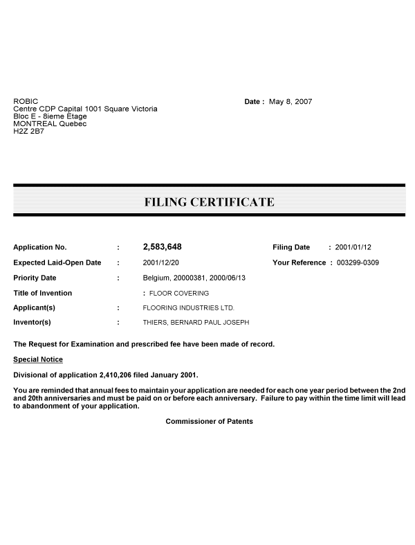 Document de brevet canadien 2583648. Correspondance 20070502. Image 1 de 1