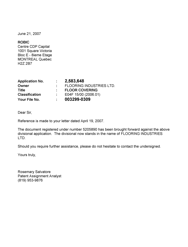 Document de brevet canadien 2583648. Correspondance 20070621. Image 1 de 1