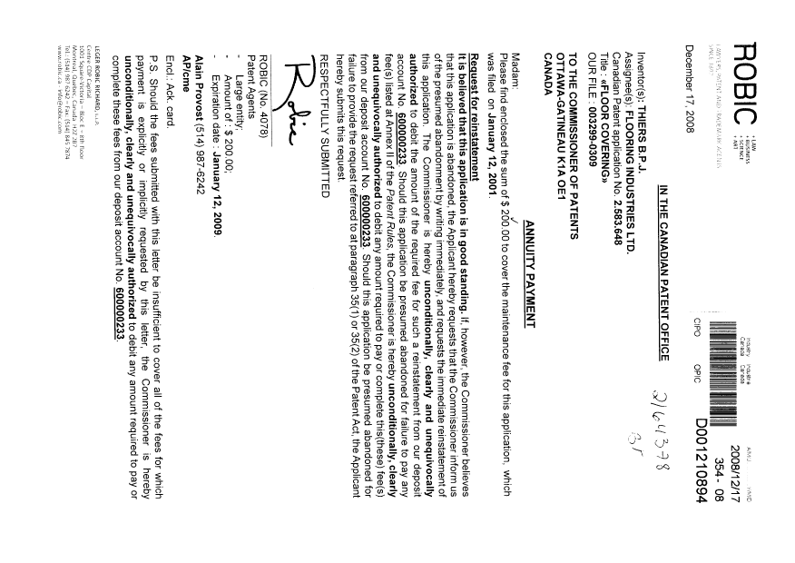 Document de brevet canadien 2583648. Taxes 20081217. Image 1 de 1