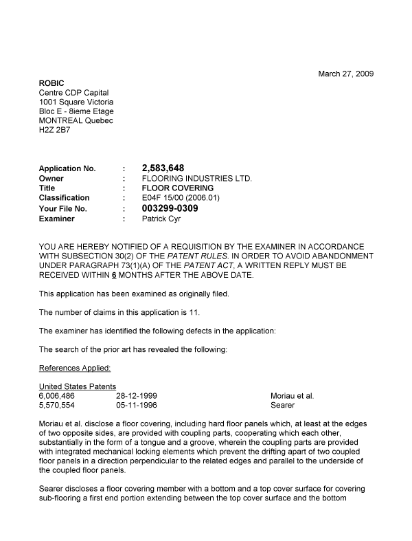 Document de brevet canadien 2583648. Poursuite-Amendment 20090327. Image 1 de 3