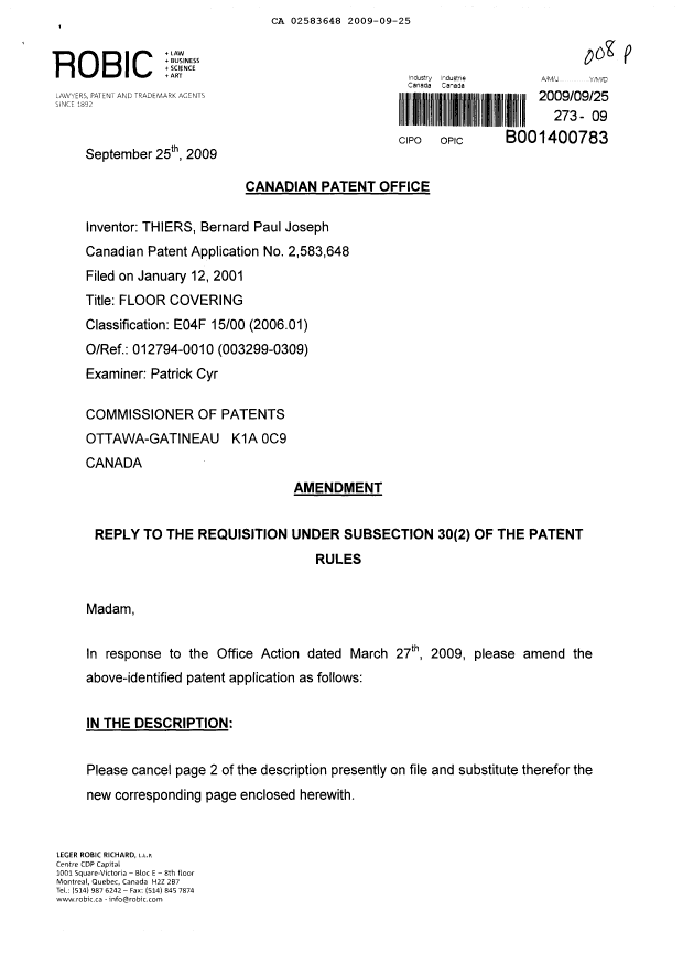 Document de brevet canadien 2583648. Poursuite-Amendment 20090925. Image 1 de 17