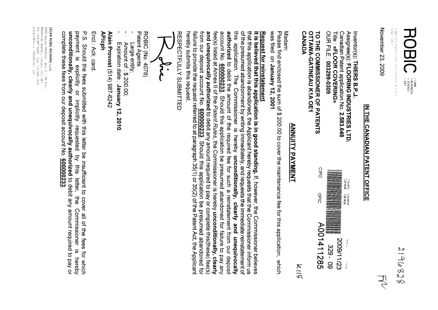 Document de brevet canadien 2583648. Taxes 20091123. Image 1 de 1