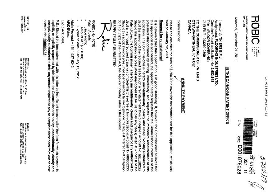 Document de brevet canadien 2583648. Taxes 20111221. Image 1 de 1