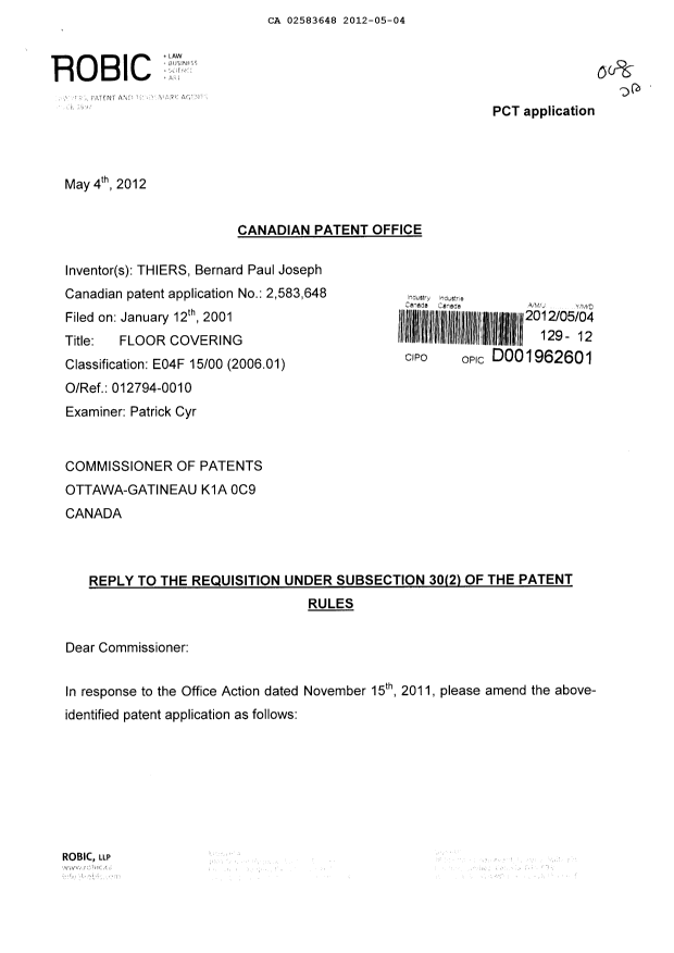 Document de brevet canadien 2583648. Poursuite-Amendment 20120504. Image 1 de 8