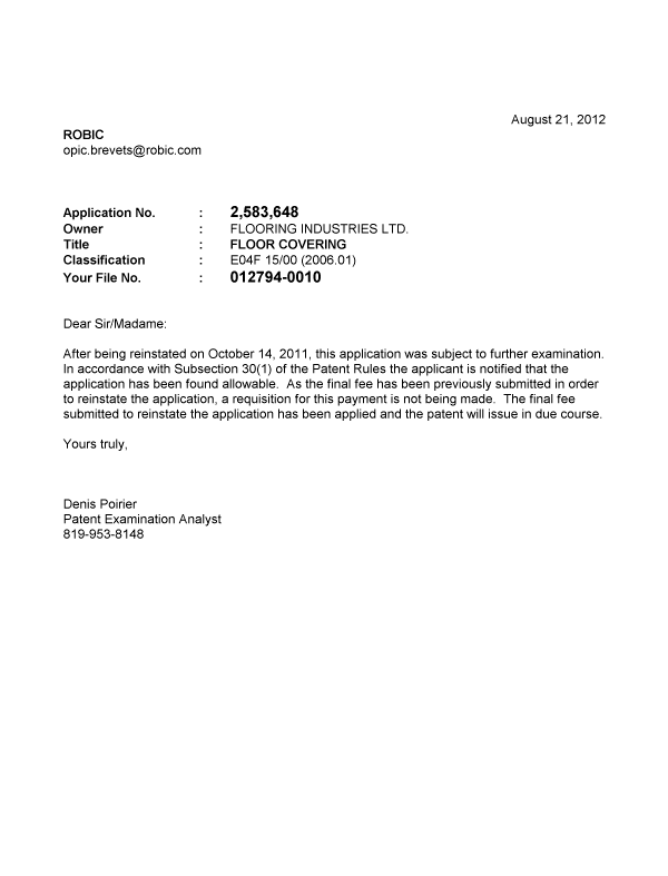 Document de brevet canadien 2583648. Correspondance 20120821. Image 1 de 1