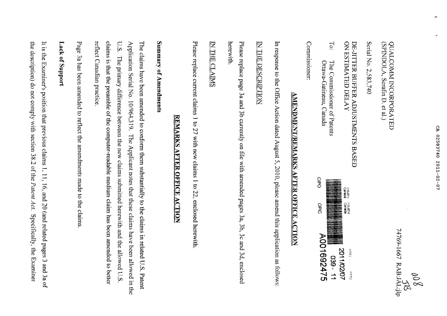 Document de brevet canadien 2583740. Poursuite-Amendment 20110207. Image 1 de 13