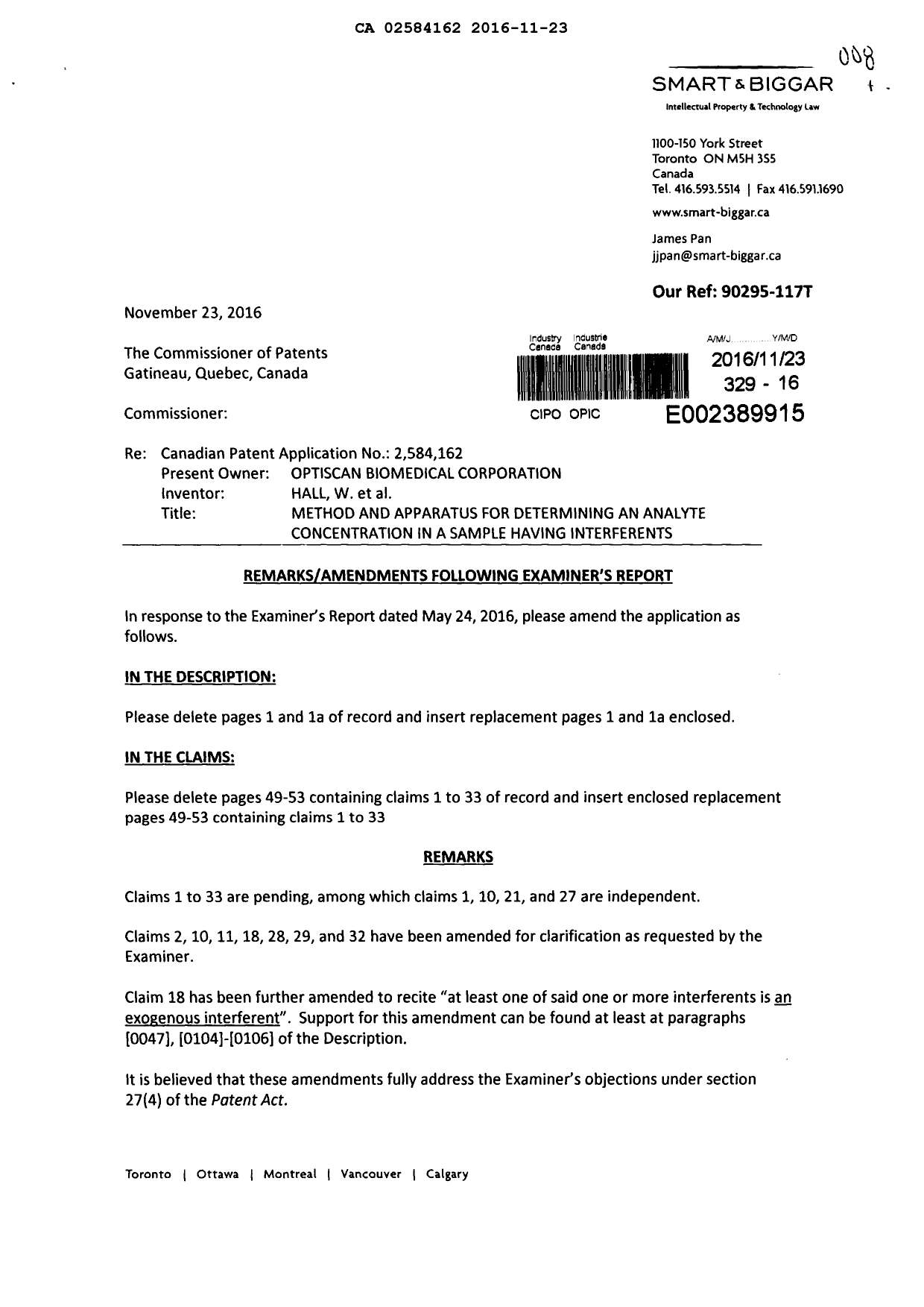 Document de brevet canadien 2584162. Modification 20161123. Image 1 de 11