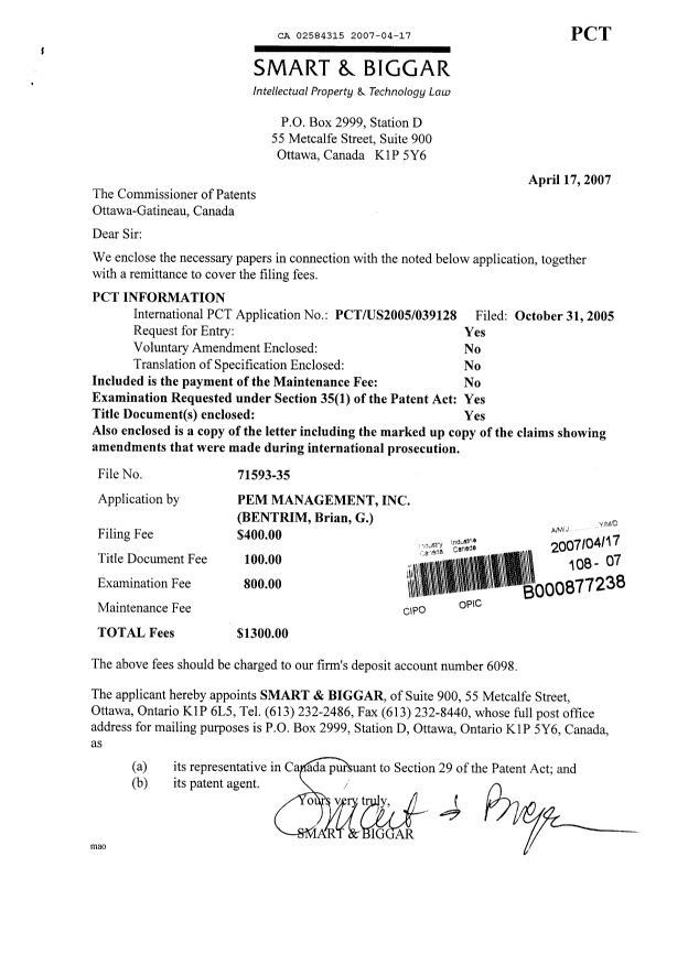 Document de brevet canadien 2584315. Cession 20070417. Image 1 de 6