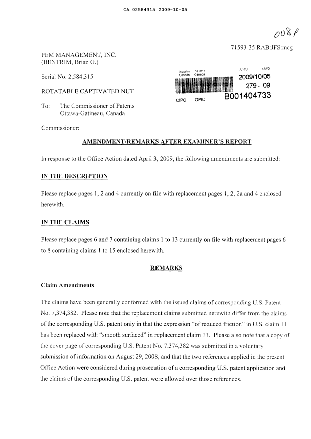 Document de brevet canadien 2584315. Poursuite-Amendment 20091005. Image 1 de 11