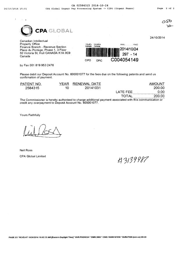 Document de brevet canadien 2584315. Taxes 20141024. Image 1 de 2