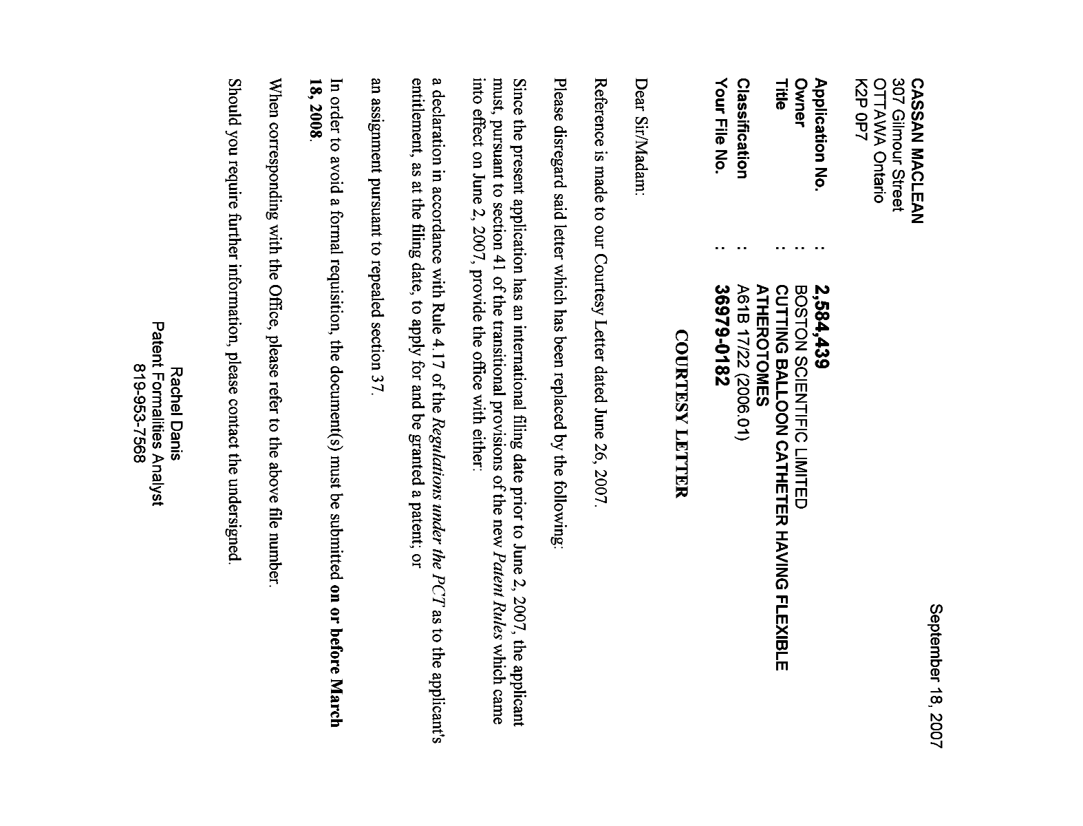 Canadian Patent Document 2584439. Correspondence 20070910. Image 1 of 1