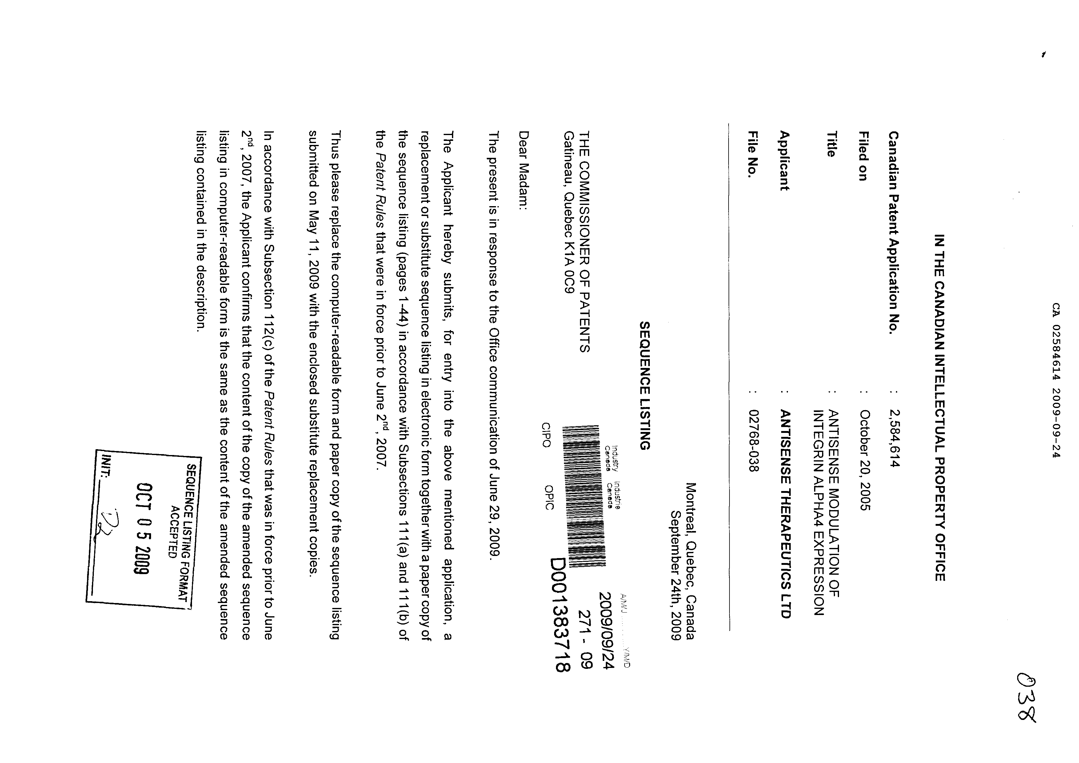 Canadian Patent Document 2584614. Prosecution-Amendment 20081224. Image 1 of 46