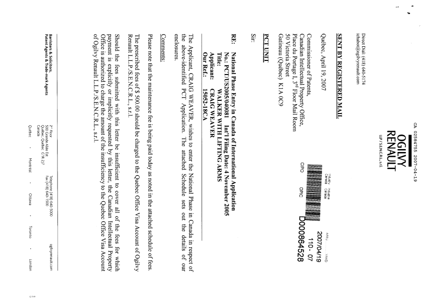 Document de brevet canadien 2584755. Cession 20070419. Image 1 de 4