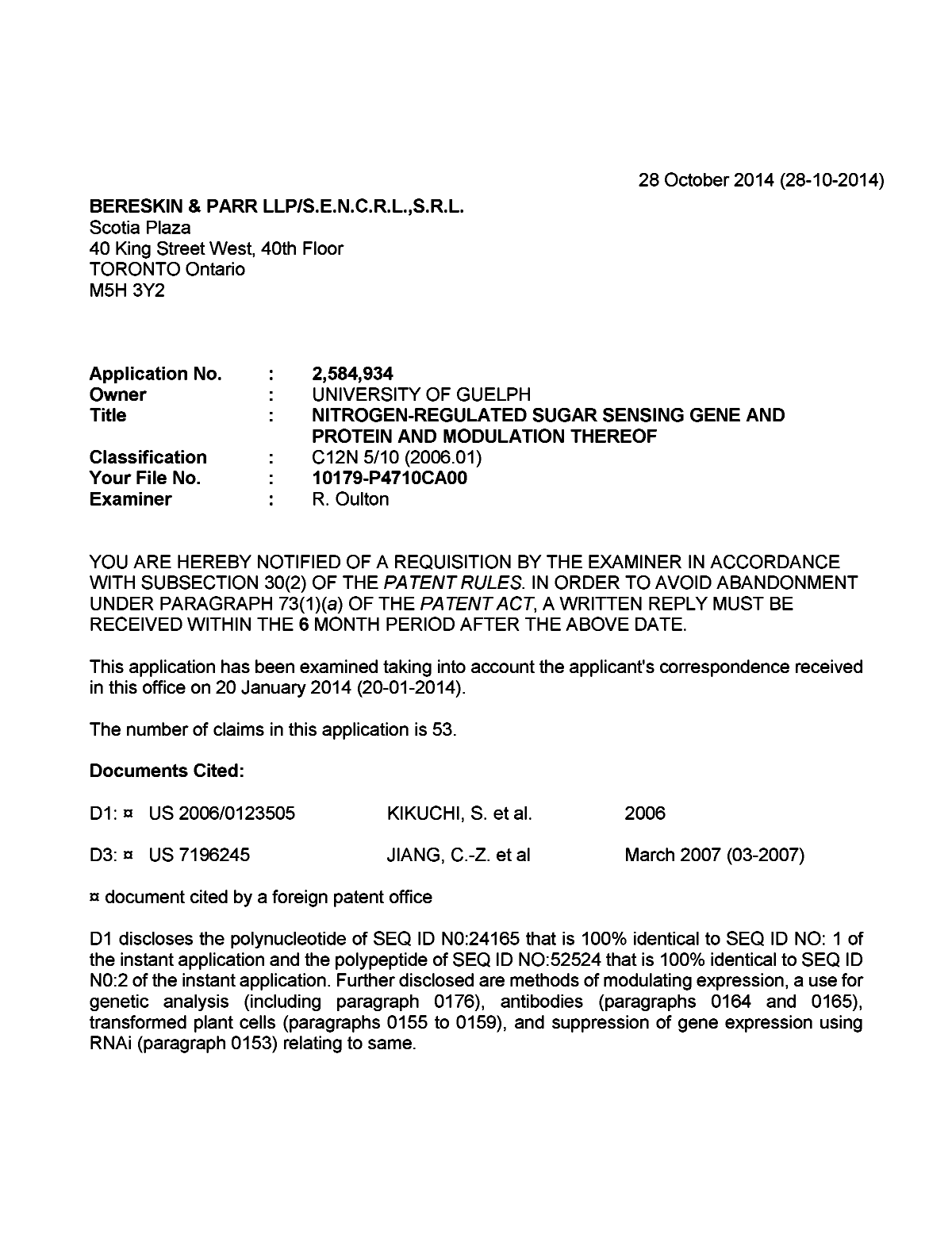 Document de brevet canadien 2584934. Poursuite-Amendment 20141028. Image 1 de 6