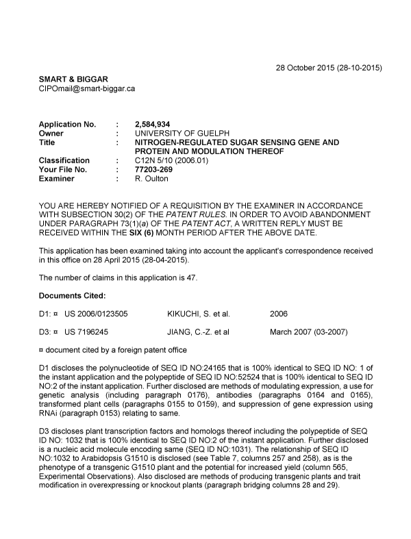 Document de brevet canadien 2584934. Demande d'examen 20151028. Image 1 de 5