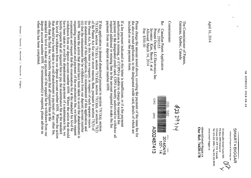 Document de brevet canadien 2585153. Correspondance 20140416. Image 1 de 2