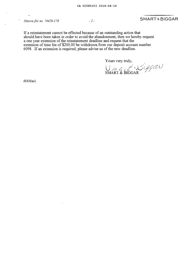 Document de brevet canadien 2585153. Correspondance 20140416. Image 2 de 2