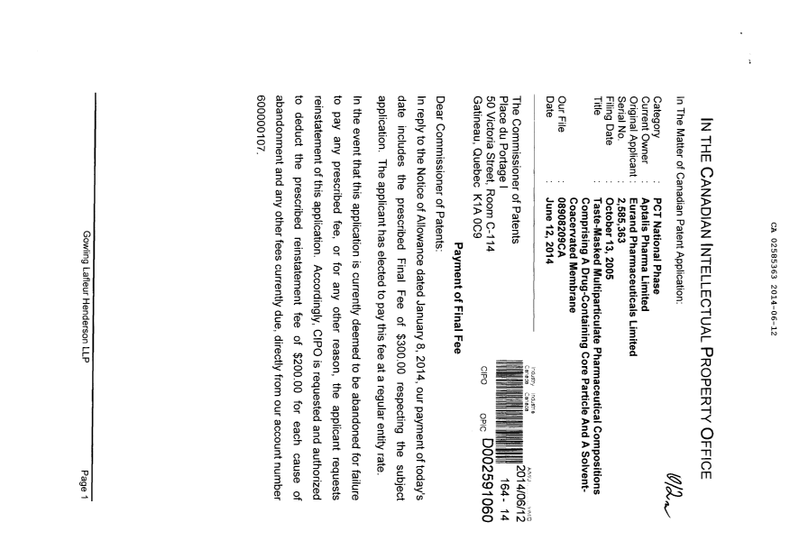 Canadian Patent Document 2585363. Correspondence 20131212. Image 1 of 2