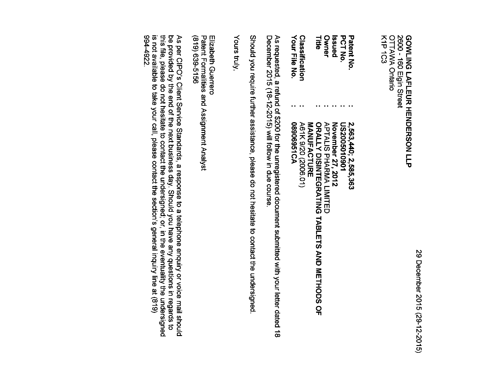 Document de brevet canadien 2585363. Correspondance 20141229. Image 1 de 1