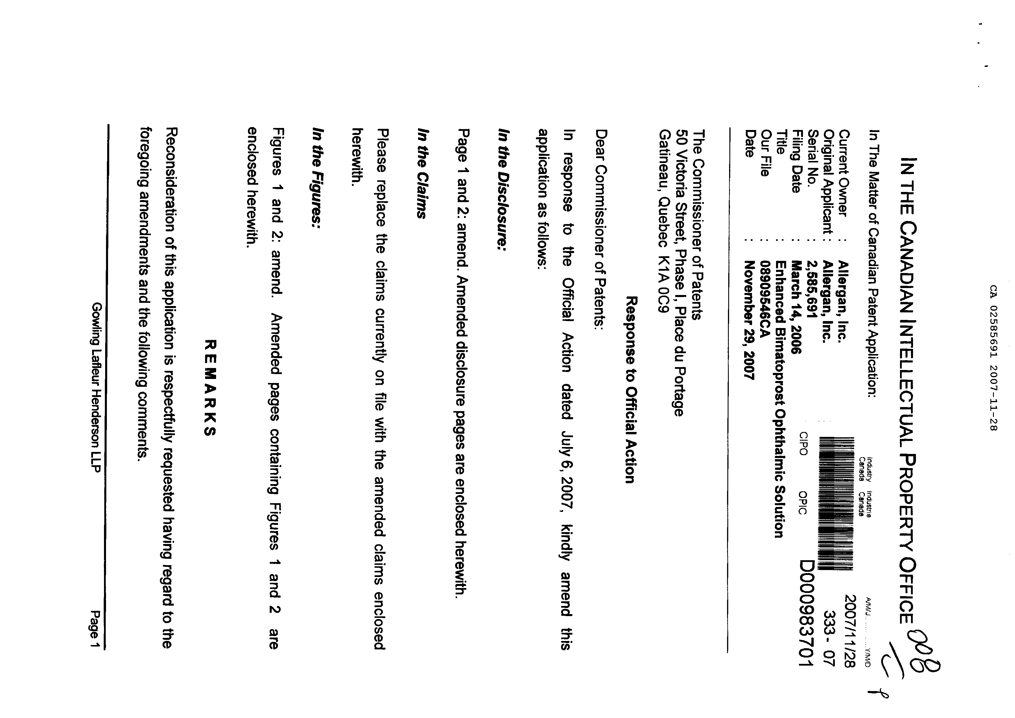 Canadian Patent Document 2585691. Prosecution-Amendment 20061228. Image 1 of 16