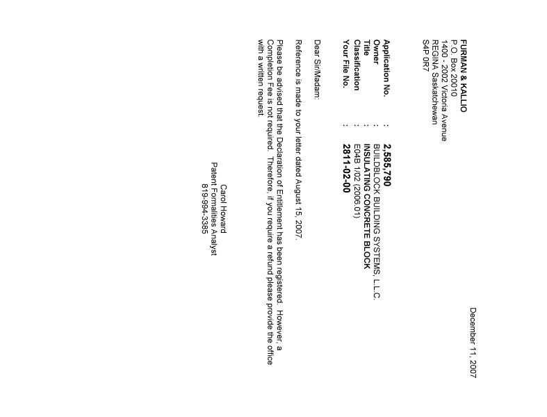 Document de brevet canadien 2585790. Correspondance 20071207. Image 1 de 1