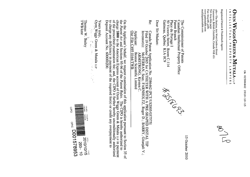 Document de brevet canadien 2586462. Poursuite-Amendment 20101015. Image 1 de 1