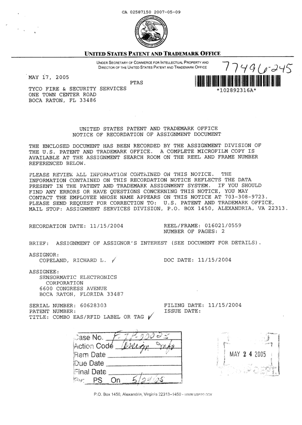 Document de brevet canadien 2587150. Cession 20061209. Image 3 de 6