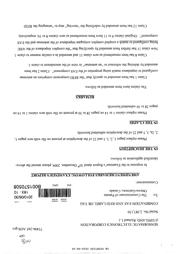 Document de brevet canadien 2587150. Poursuite-Amendment 20091230. Image 1 de 12