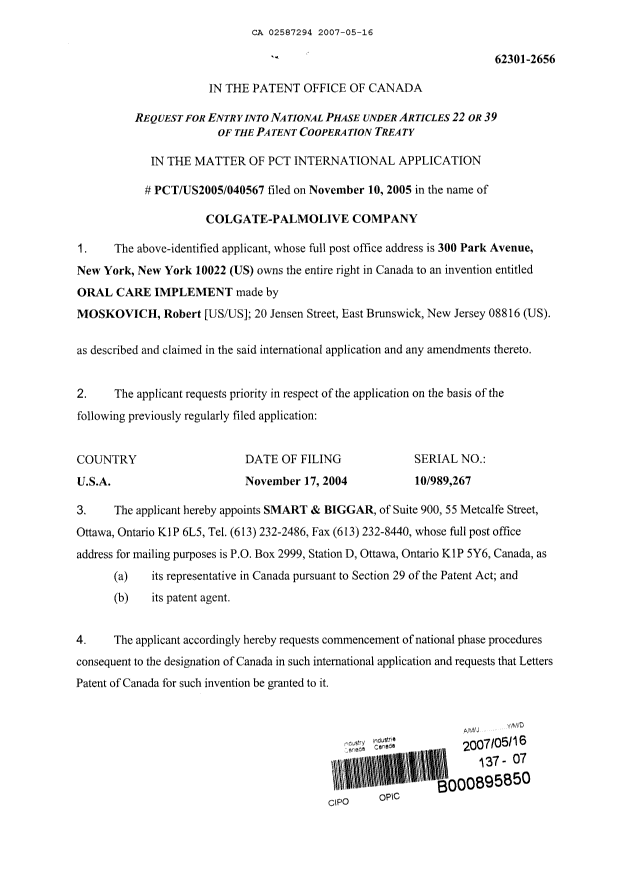 Document de brevet canadien 2587294. Cession 20070516. Image 2 de 3