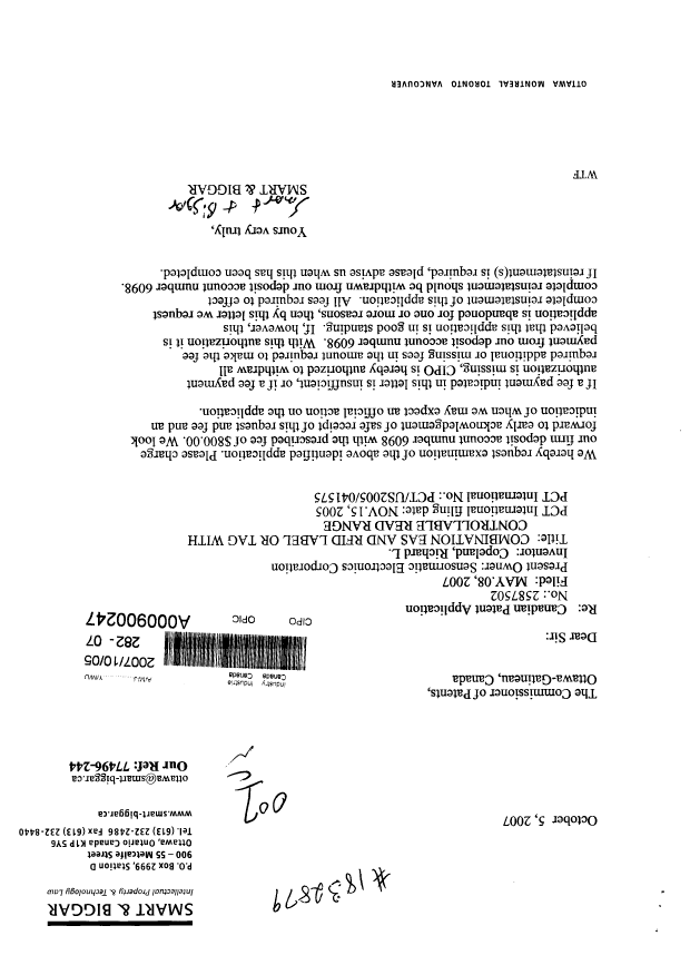 Canadian Patent Document 2587502. Prosecution-Amendment 20071005. Image 1 of 1